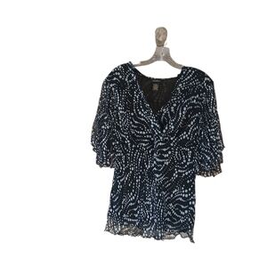 Sioni Black V Neck Flutter Sleeve Polka Dot Silk Blouse Large